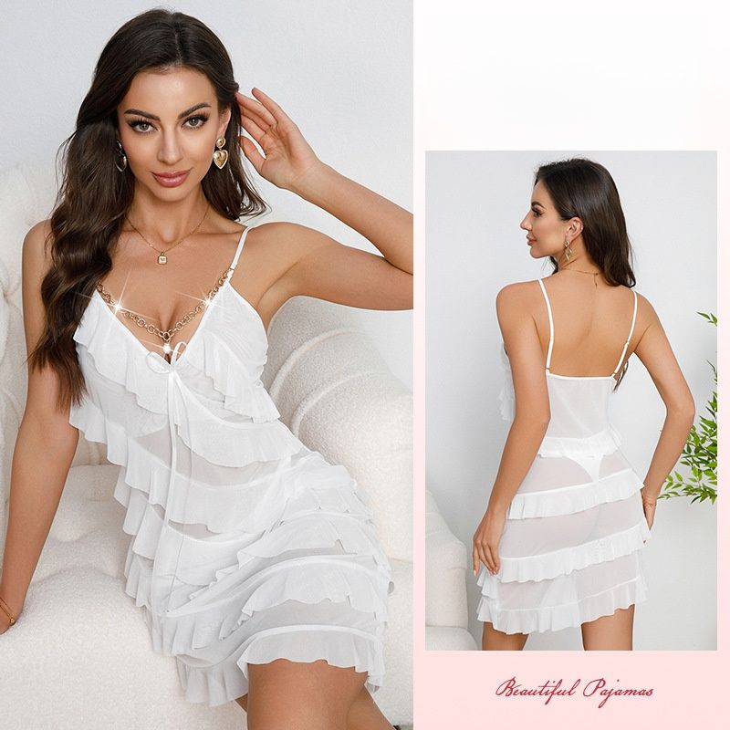 Fashion Sexy Multi-layer Ruffle Nightdress Pure Mesh Thin Spaghetti Strap V-Neck Pajamas With Pearl Pendant Decoration Sheer Transparent Lace Sleepwear Elegant Sexy Intimate Lingerie For Women