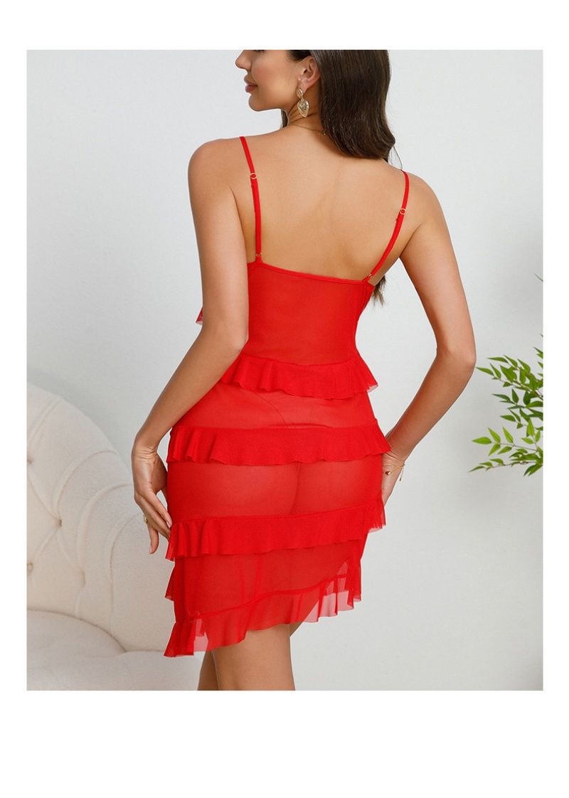Fashion Sexy Multi-layer Ruffle Nightdress Pure Mesh Thin Spaghetti Strap V-Neck Pajamas With Pearl Pendant Decoration Sheer Transparent Lace Sleepwear Elegant Sexy Intimate Lingerie For Women