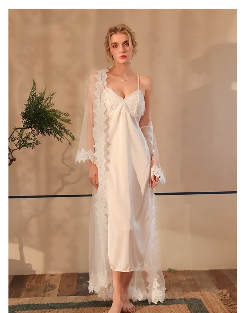 New Fashion Women's 2-Piece Pajama Set, Cami Nightdress & Robe, Water-Soluble Floral Lace Mesh Splicing Long Loungewear Comfortable Nightwear For Ladies