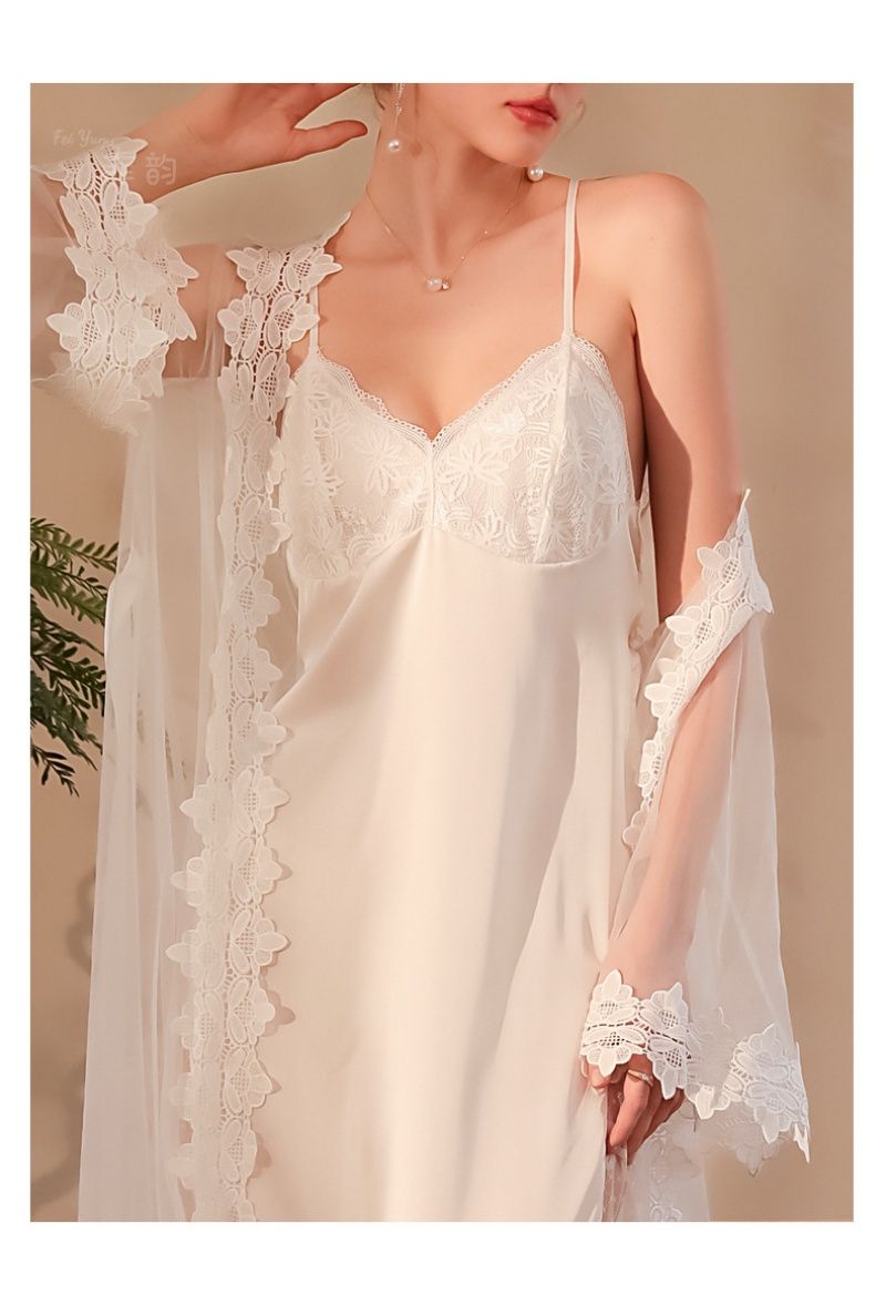 New Fashion Women's 2-Piece Pajama Set, Cami Nightdress & Robe, Water-Soluble Floral Lace Mesh Splicing Long Loungewear Comfortable Nightwear For Ladies