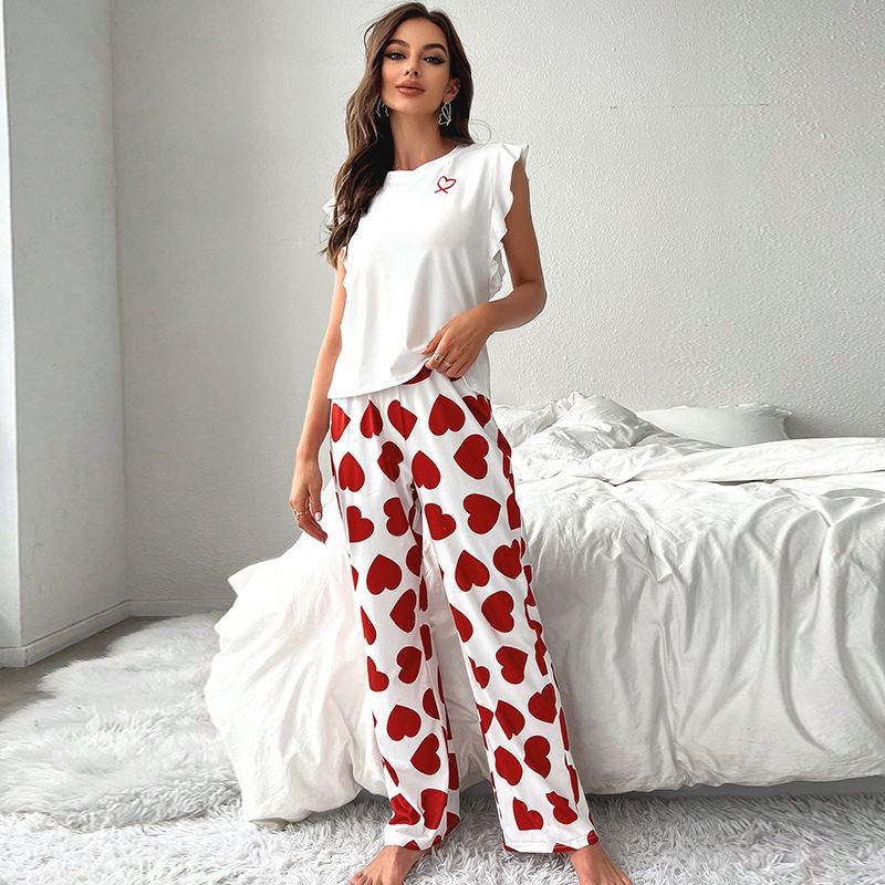 Fashionable Sweet Women's 2-Piece Loungewear Set - Ribbed Heart Print Spaghetti Strap & Long Pants | Pure Elegance Seductive Home Wear for Daily Relaxation