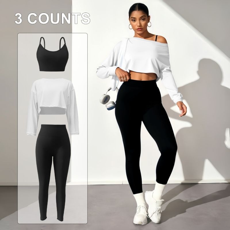 African Hot Sale  Premium Fashion Women's 3-Piece Seamless Yoga Set Seamless Sports Bra High-Stretch Compression Leggings & Long Sleeve Top Breathable Athletic Workout Outfit