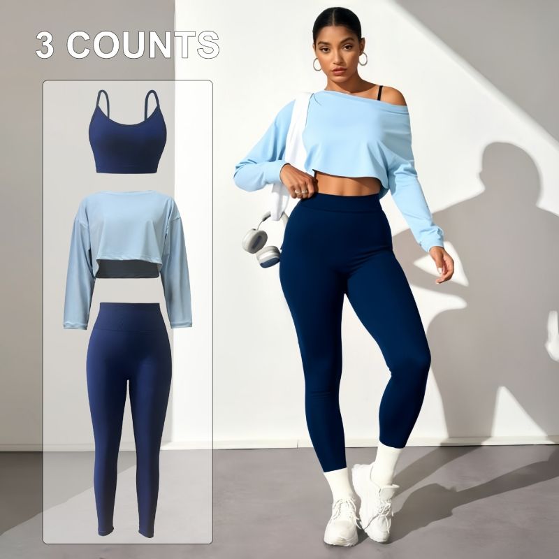 African Hot Sale  Premium Fashion Women's 3-Piece Seamless Yoga Set Seamless Sports Bra High-Stretch Compression Leggings & Long Sleeve Top Breathable Athletic Workout Outfit