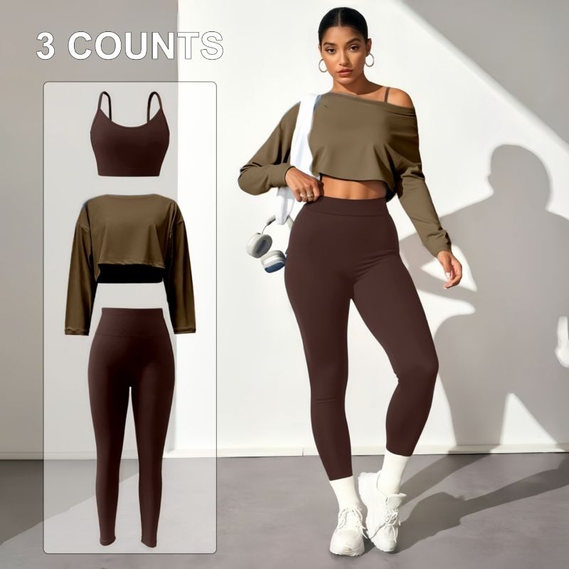 African Hot Sale  Premium Fashion Women's 3-Piece Seamless Yoga Set Seamless Sports Bra High-Stretch Compression Leggings & Long Sleeve Top Breathable Athletic Workout Outfit