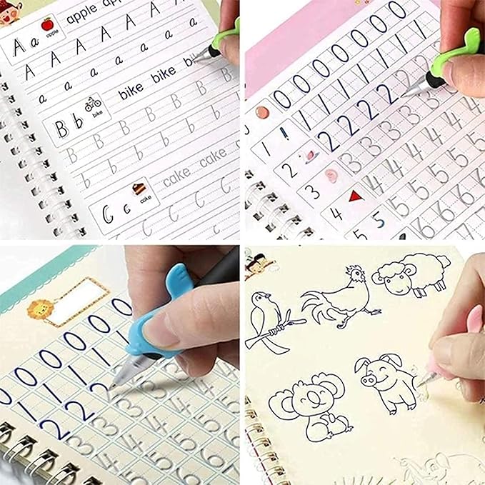 PREMIUM 4pcs Sank Magic Practice Copybooks With FREE 10 Refill Pens, Number Tracing Book for Preschoolers with Pen, Magic Calligraphy Copybook Set Practical Reusable Writing Tool Simple Hand Lettering