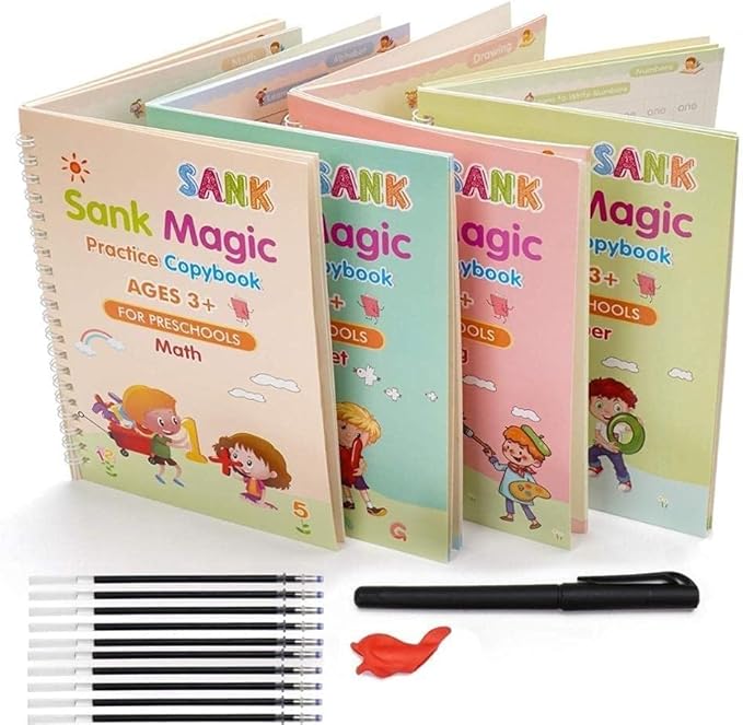 PREMIUM 4pcs Sank Magic Practice Copybooks With FREE 10 Refill Pens, Number Tracing Book for Preschoolers with Pen, Magic Calligraphy Copybook Set Practical Reusable Writing Tool Simple Hand Lettering
