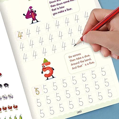 PREMIUM Sank Magic Practice Copybooks 4 BOOKS + 10 FREE REFILLS & PENCIL AID, Number Tracing Book for Preschoolers with Pen, Magic Calligraphy Copybook Set Practical Reusable Writing Tool