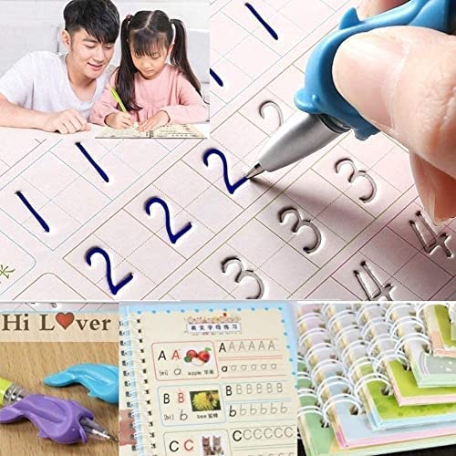 PREMIUM Sank Magic Practice Copybooks 4 BOOKS + 10 FREE REFILLS & PENCIL AID, Number Tracing Book for Preschoolers with Pen, Magic Calligraphy Copybook Set Practical Reusable Writing Tool