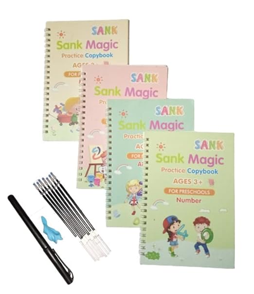 PREMIUM Sank Magic Practice Copybooks 4 BOOKS + 10 FREE REFILLS & PENCIL AID, Number Tracing Book for Preschoolers with Pen, Magic Calligraphy Copybook Set Practical Reusable Writing Tool