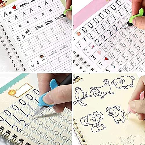 PREMIUM Sank Magic Practice Copybooks 4 BOOKS + 10 FREE REFILLS & PENCIL AID, Number Tracing Book for Preschoolers with Pen, Magic Calligraphy Copybook Set Practical Reusable Writing Tool