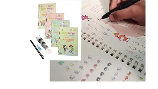 PREMIUM Sank Magic Practice Copybooks 4 BOOKS + 10 FREE REFILLS & PENCIL AID, Number Tracing Book for Preschoolers with Pen, Magic Calligraphy Copybook Set Practical Reusable Writing Tool