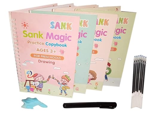 PREMIUM Sank Magic Practice Copybooks 4 BOOKS + 10 FREE REFILLS & PENCIL AID, Number Tracing Book for Preschoolers with Pen, Magic Calligraphy Copybook Set Practical Reusable Writing Tool