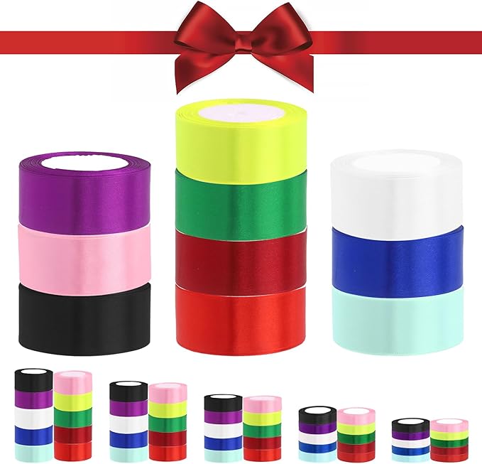 PREMIUM Ribbon Rolls, Mixed Bright Dark Gorgeous Color Set Fabric Ribbon for Gift Wrapping Embellish Wedding Birthday Party Decoration Bow Making Floral Craft Sewing