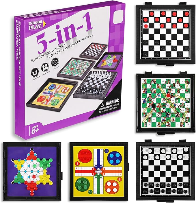 PREMIUM 5 in 1 Small Checkers Board Game Set Travel Game Road and Flight Trip Essentials Travel Chess Checkers for Trip Camping Activities Party Game for Adults and Teens