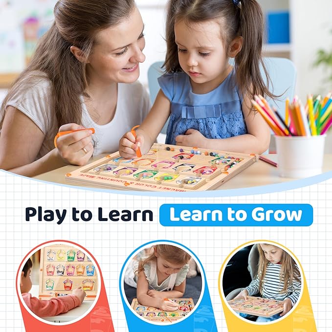 EDUCATIVE Magnetic Maze with Colors and Numbers, Montessori Magnetic Puzzle Game Board for Toddlers, Wooden Counting, Matching Maze, Learning Toy, Fine Motor Skills, Ages 3, 4, 5, Boys and Girls