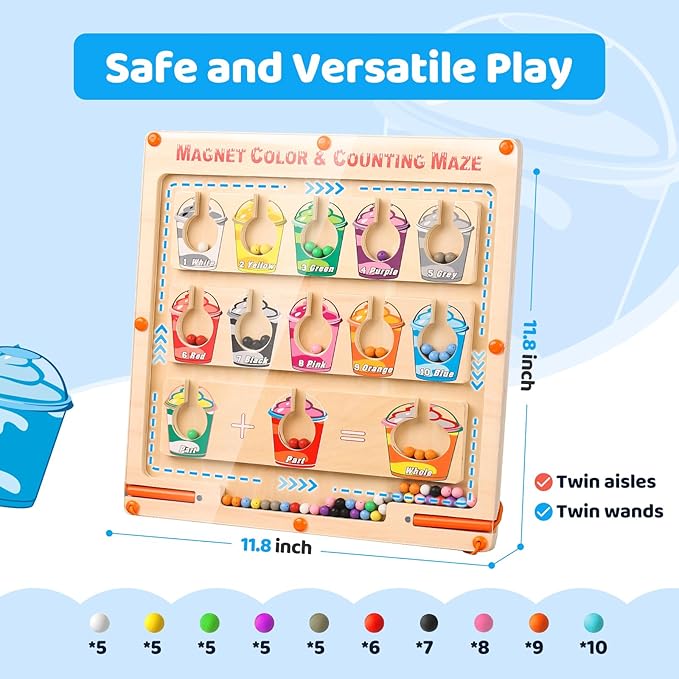 EDUCATIVE Magnetic Maze with Colors and Numbers, Montessori Magnetic Puzzle Game Board for Toddlers, Wooden Counting, Matching Maze, Learning Toy, Fine Motor Skills, Ages 3, 4, 5, Boys and Girls