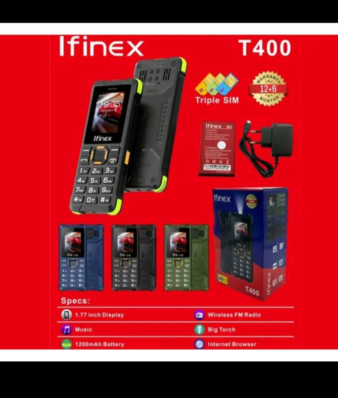 IFINEX T400 TRIPLE SIM CARD FEATURE PHONE WITH Bluetooth /Wireless FM/SD Slot T 400 kabambe/katululu/mulika mwizi/button feature phone