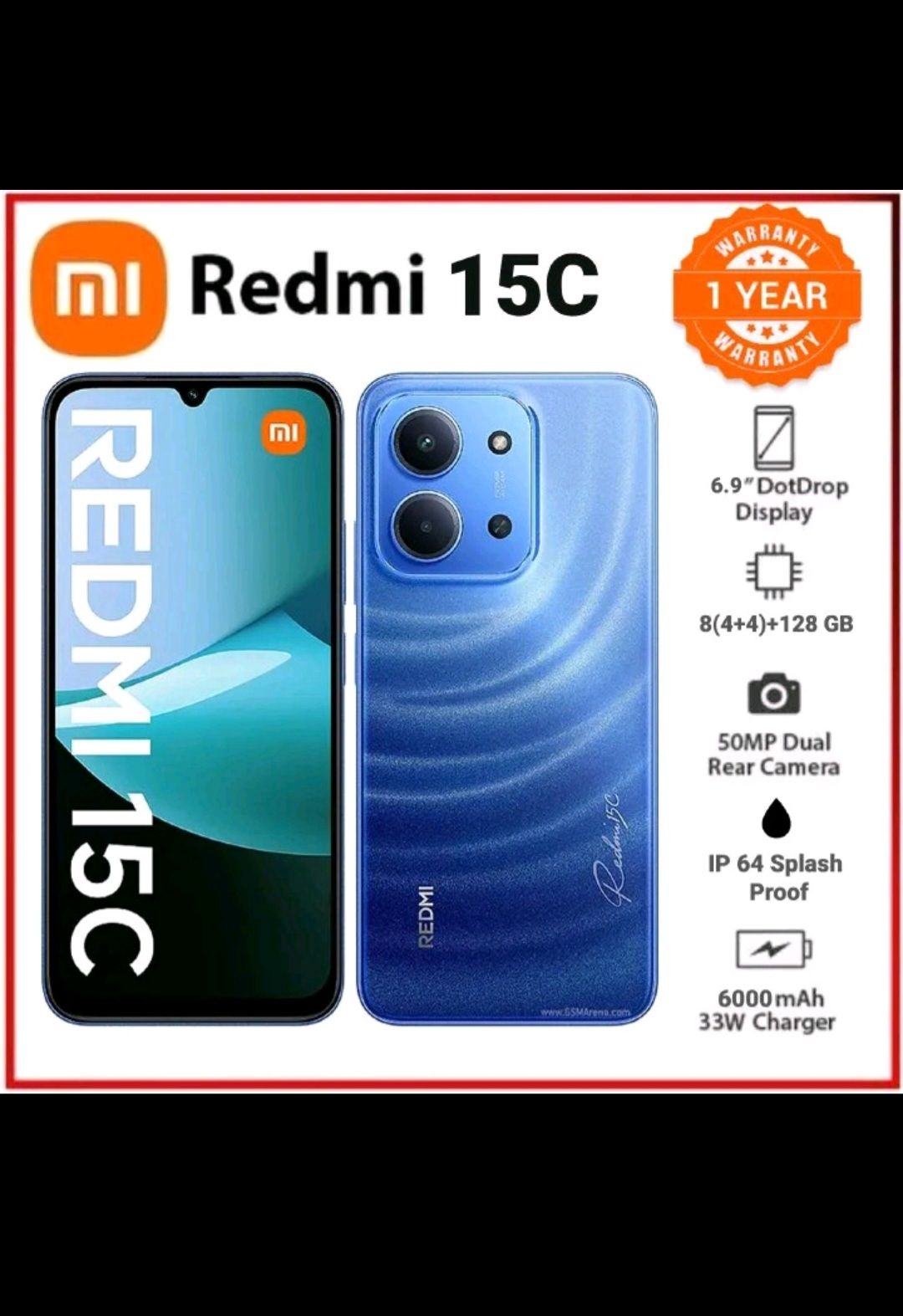 REDMI 15C 128GB Storage Upto 8(4+4)GB Ram 6.9'' FHD Immersive Display 50MP Main Cam +8MP front 6000mAh 33W Fast Charger Xiaomi Hyper OS Side Fingerprint Smartphone smart phones