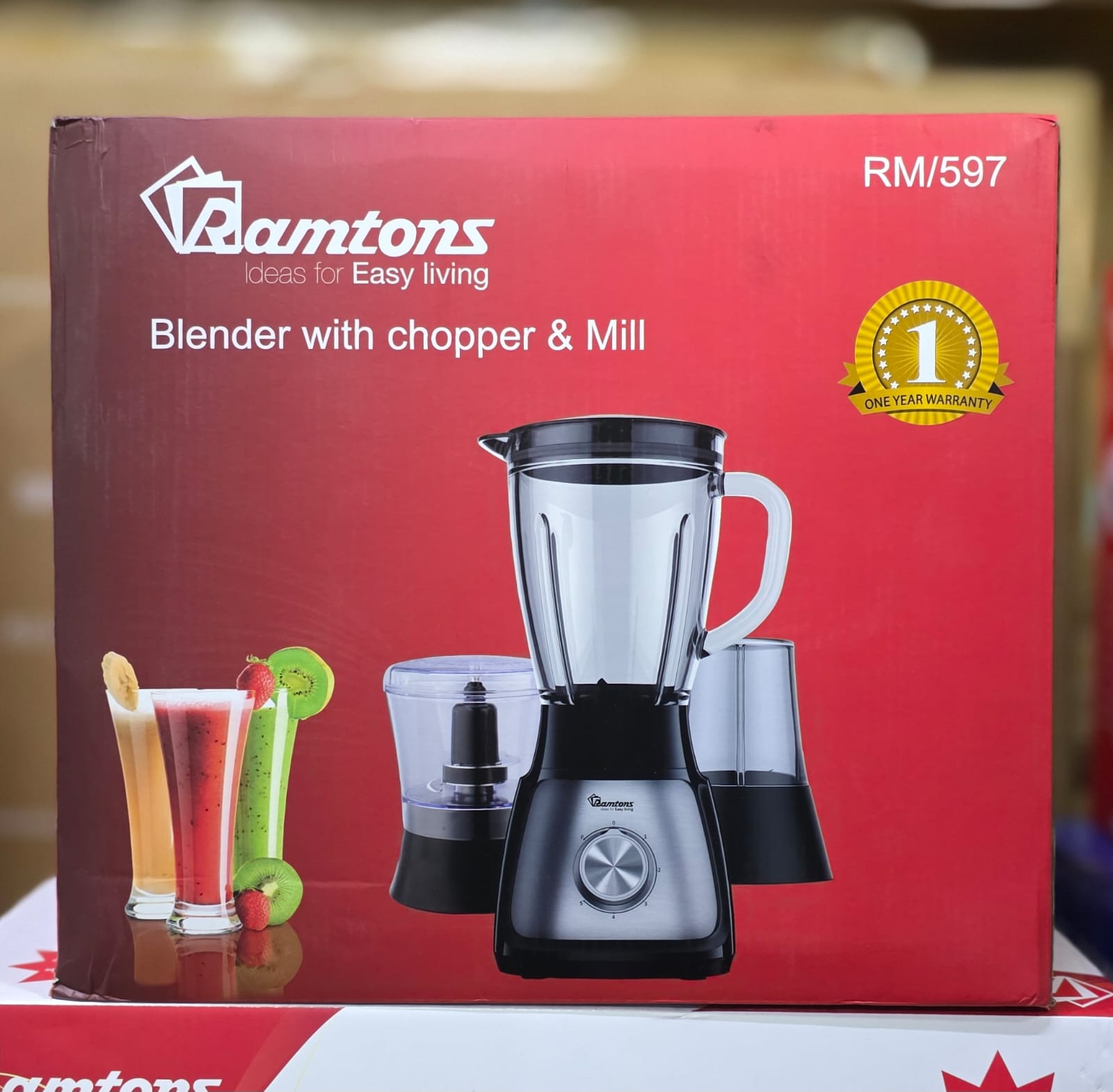 Ramtons 3‑in‑1 Blender with Chopper & Mill 1.5L Safety Lock Jug, 500W Power, 5‑Speed + Pulse Control