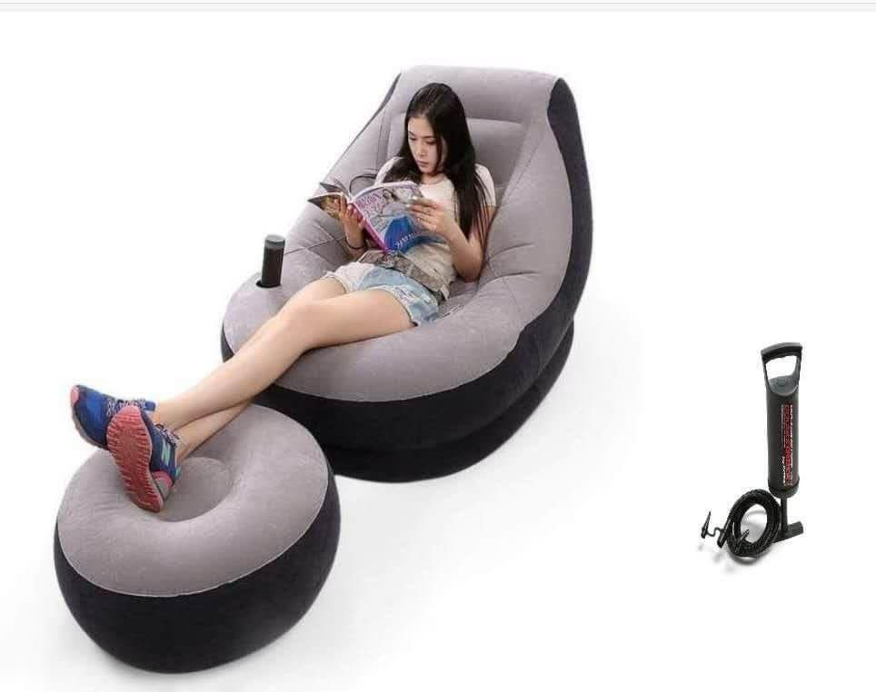 Big Size Inflatable Seat with Foot Rest & Pump .Comfortable Lounge Chair for Home, Office & Outdoor