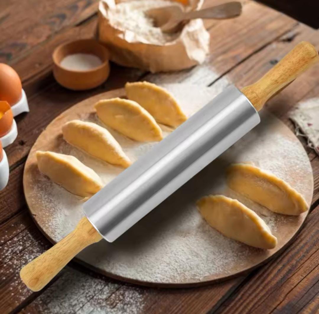 Stainless steel rolling pin with wooden handle