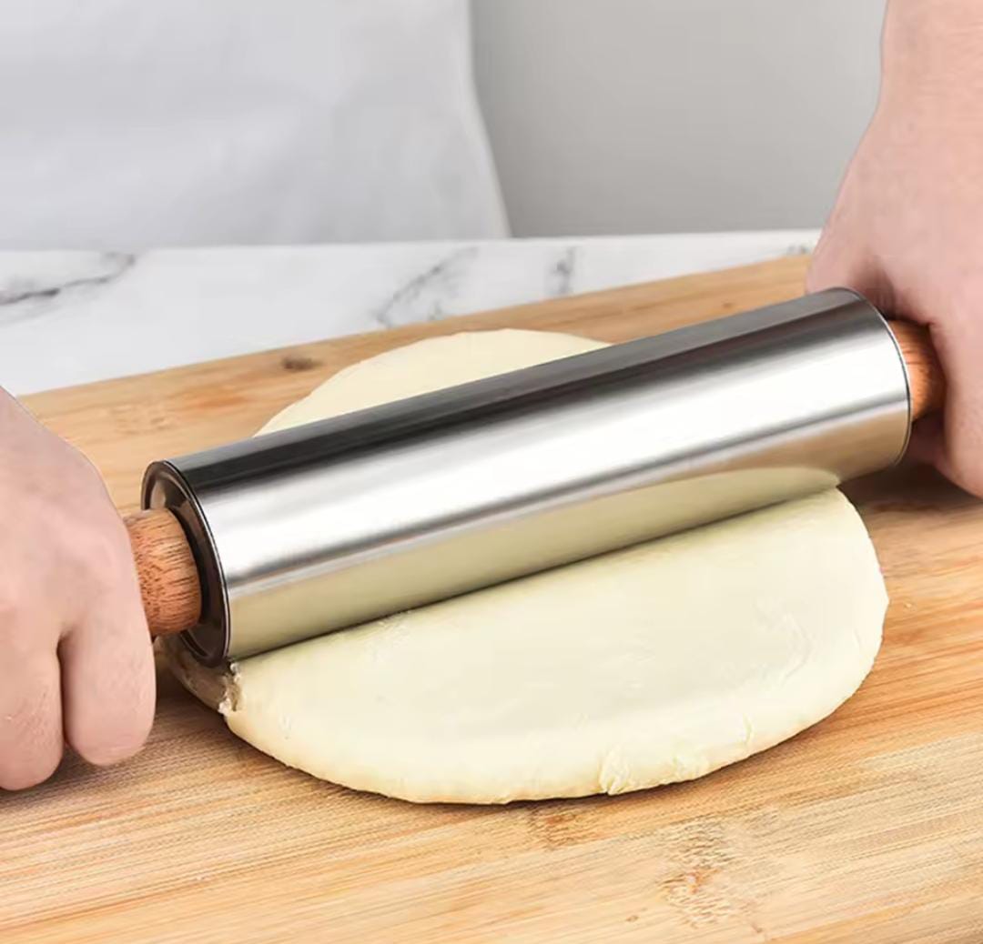 Stainless steel rolling pin with wooden handle