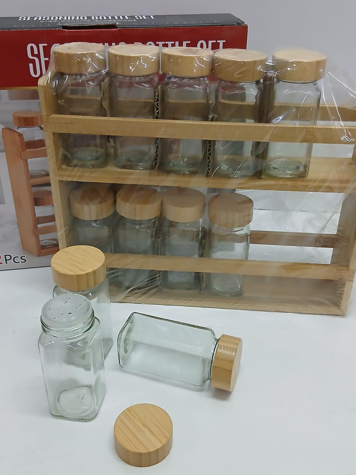 12 in 1 Wooden Spice Rack with Glass Jars – Water-Resistant Durable Kitchen Spice Organizer with Airtight Glass Containers for Herbs, Seasonings & Pantry Storage