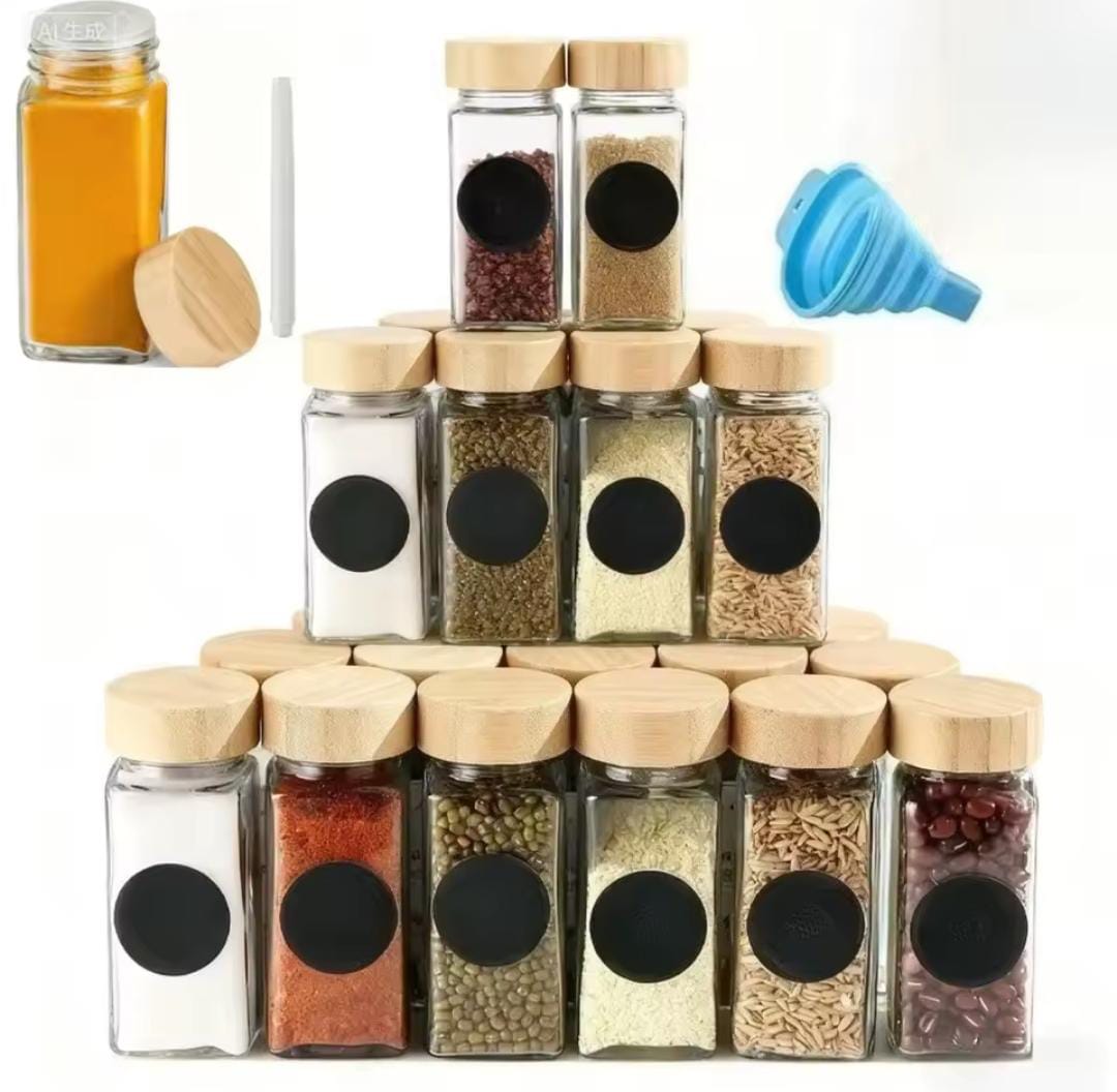 12 in 1 Wooden Spice Rack with Glass Jars – Water-Resistant Durable Kitchen Spice Organizer with Airtight Glass Containers for Herbs, Seasonings & Pantry Storage