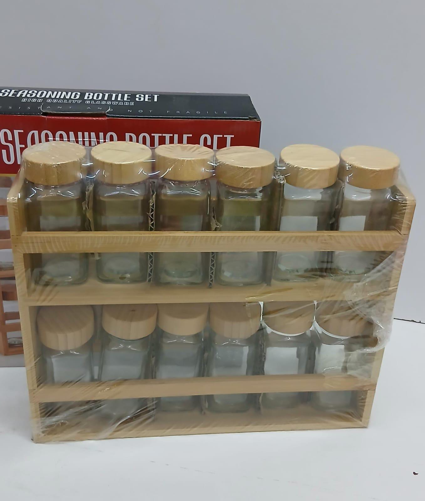 12 in 1 Wooden Spice Rack with Glass Jars – Water-Resistant Durable Kitchen Spice Organizer with Airtight Glass Containers for Herbs, Seasonings & Pantry Storage