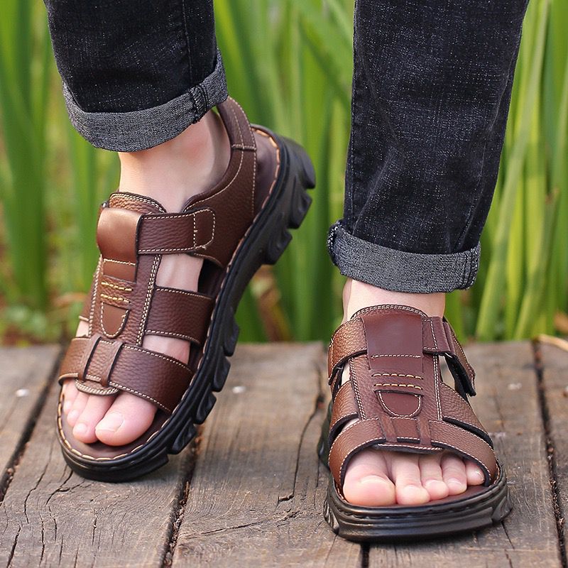 Italian Style Open shoes Outdoor Ergonomic Non-slip Thick-soled Cowhide Leather Men Sandals