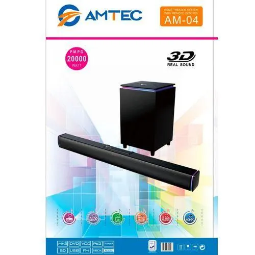 Amtec AM-04 Home Theatre Sound bar System with Wireless Subwoofer, 20000W PMPO, Bluetooth, USB SD AUX, Digital FM, LED Display, Remote Control, 3D Real Sound Built-in Amplifier, Compatible