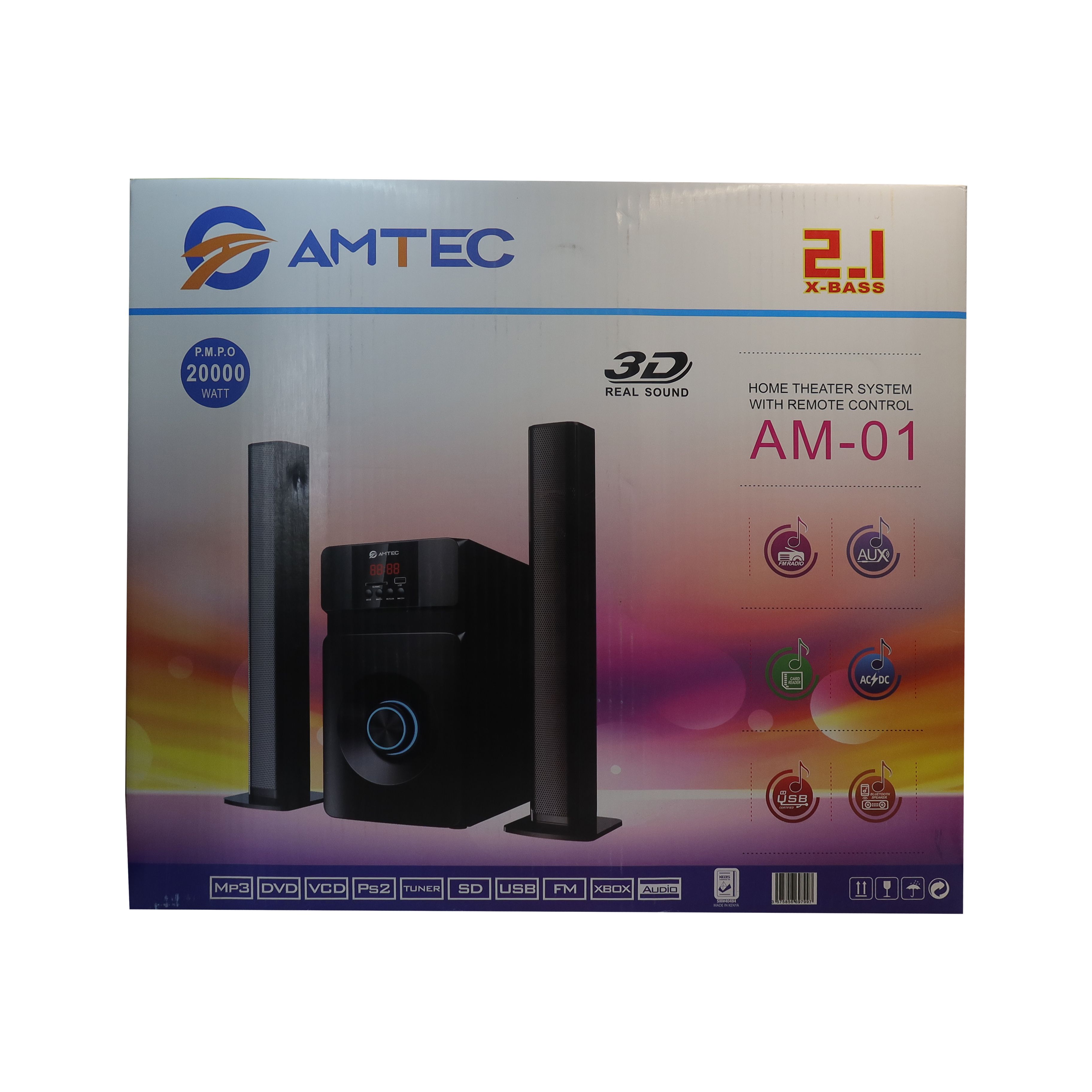 Amtec AM-01 2.1CH Soundbar With 3D Real sound Home Theater System  Extra Bass Sub Woofer Sound System Fm/Bt/Usb/Sd 20000w PMPO