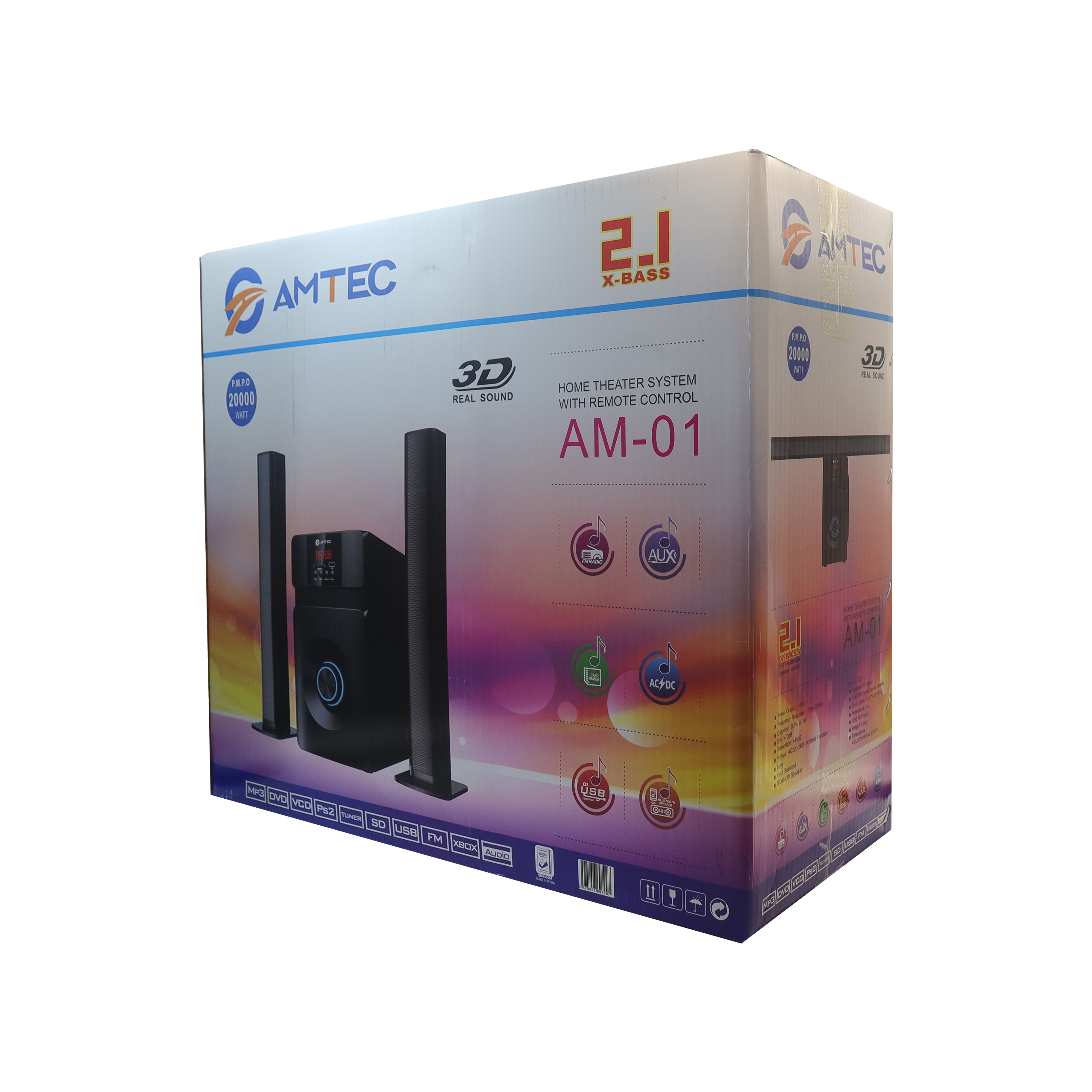 Amtec AM-01 2.1CH Soundbar With 3D Real sound Home Theater System  Extra Bass Sub Woofer Sound System Fm/Bt/Usb/Sd 20000w PMPO