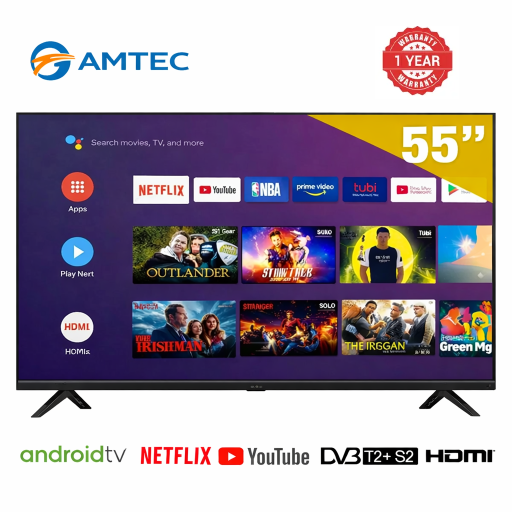 Amtec  55L12 55 Inch UHD Smart Android Frameless 4K Tv Youtube,Netflix,Bluetooth HDMI,VGA,USB