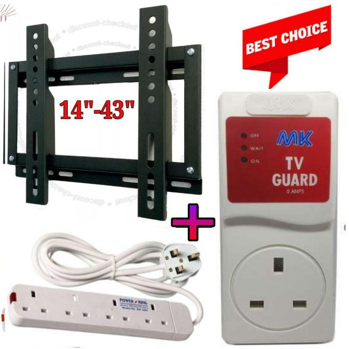 43″ TV Wall Mount Bracket + TV Guard + 4-Way Power Extension – Heavy Duty TV Mount + Voltage Protection