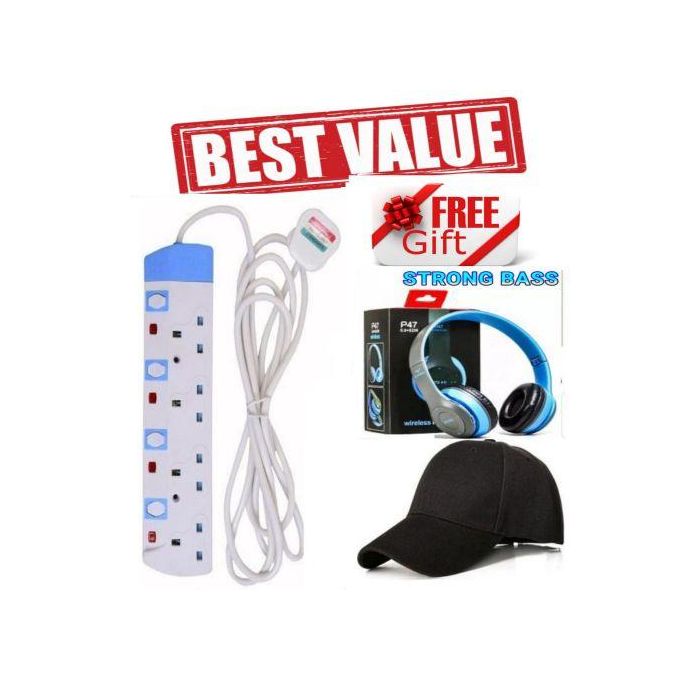 Power King Heavy Duty 4-Way Extension Cable 13A Long Cable – Safe Power Extension for TV, Decoder, Home & Office + FREE Cap and P47 Headphones