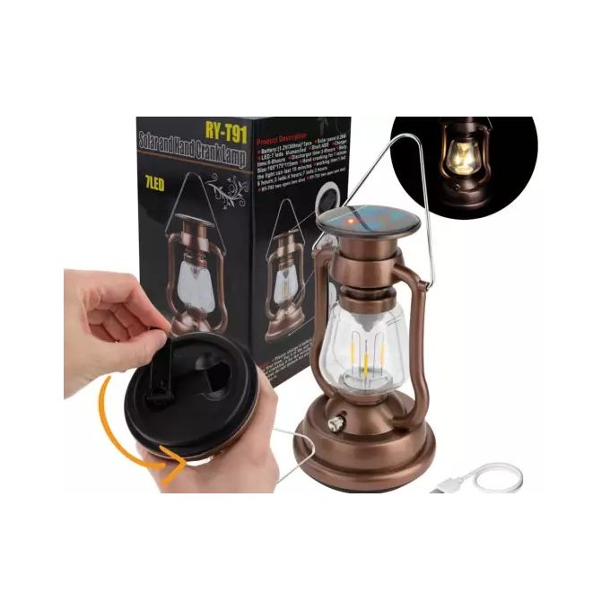 Retro Solar Lantern Camping Light – Rechargeable Solar & Hand Crank Lamp with USB/DC Charging – Portable Hanging LED Emergency Outdoor Light