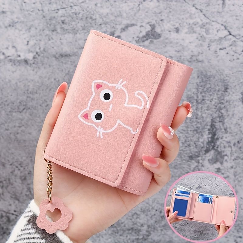 Ladies' Wallet - PU Leather Women's Short Wallet with Cute Cat Pattern Small Bag Handbag Coin Holder New Card Holder Two-in-One Women's Korean Style High Appearance Quality