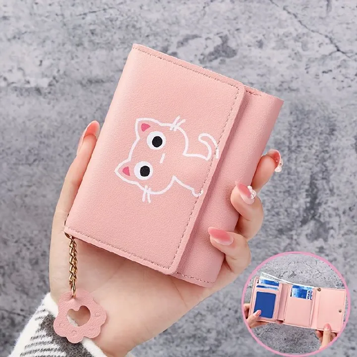 Ladies' Wallet - PU Leather Women's Short Wallet with Cute Cat Pattern Small Bag Handbag Coin Holder New Card Holder Two-in-One Women's Korean Style High Appearance Quality