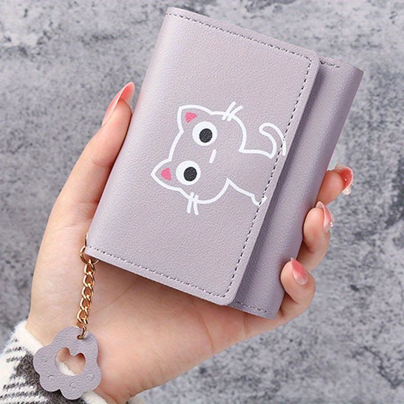 Ladies' Wallet - PU Leather Women's Short Wallet with Cute Cat Pattern Small Bag Handbag Coin Holder New Card Holder Two-in-One Women's Korean Style High Appearance Quality