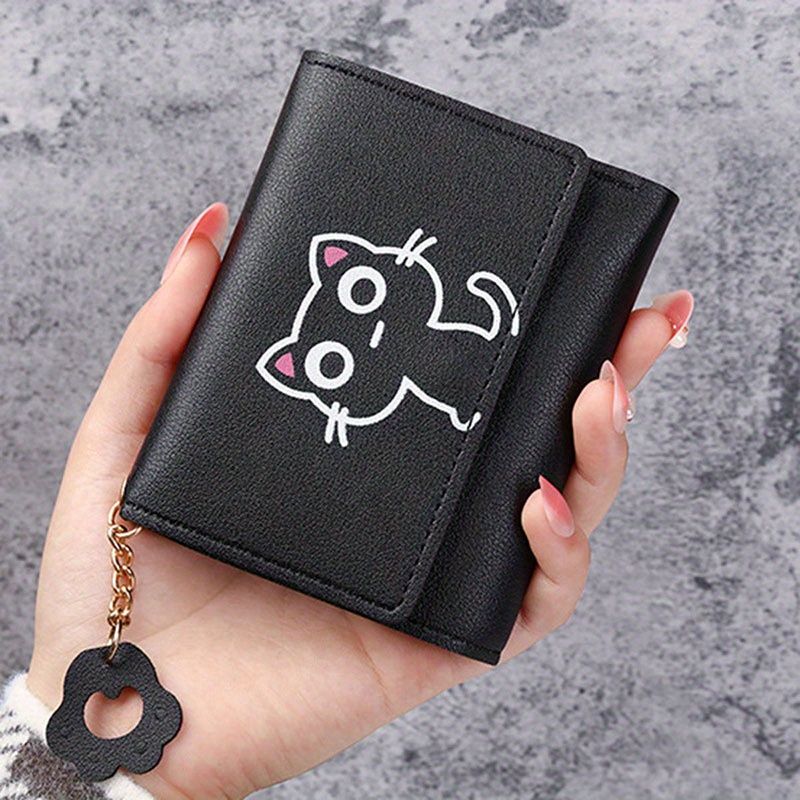 Ladies' Wallet - PU Leather Women's Short Wallet with Cute Cat Pattern Small Bag Handbag Coin Holder New Card Holder Two-in-One Women's Korean Style High Appearance Quality