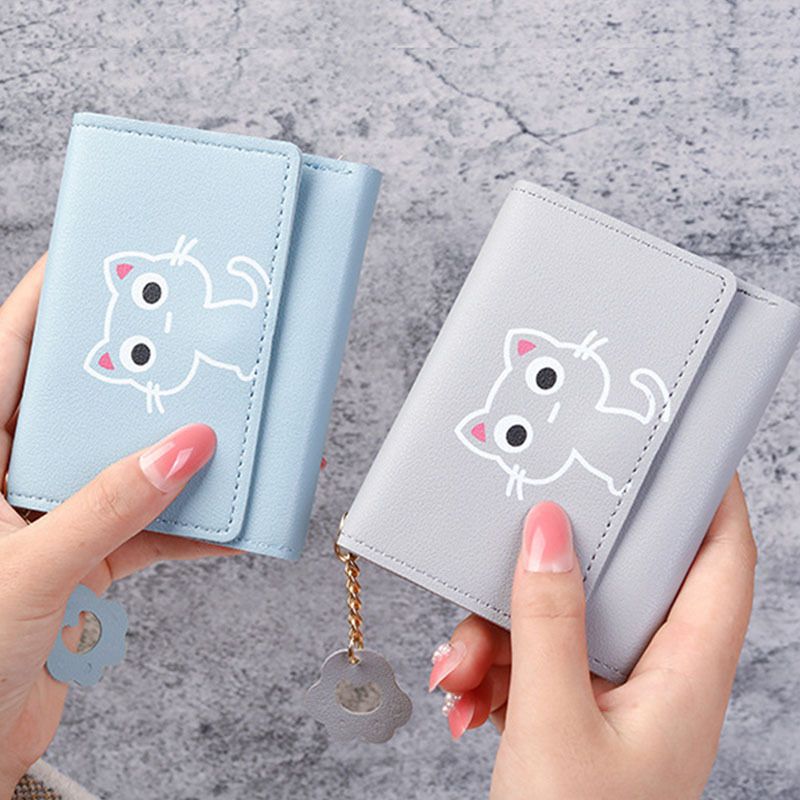 Ladies' Wallet - PU Leather Women's Short Wallet with Cute Cat Pattern Small Bag Handbag Coin Holder New Card Holder Two-in-One Women's Korean Style High Appearance Quality