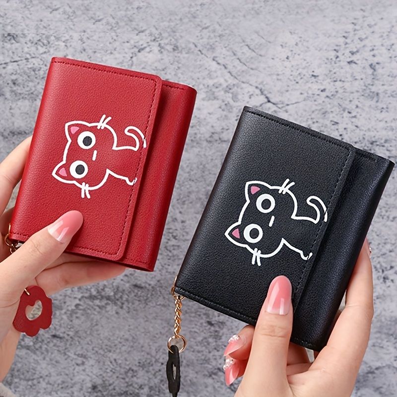 Ladies' Wallet - PU Leather Women's Short Wallet with Cute Cat Pattern Small Bag Handbag Coin Holder New Card Holder Two-in-One Women's Korean Style High Appearance Quality