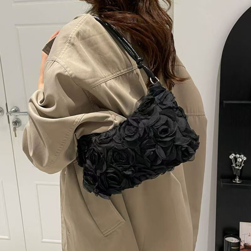 Lady tote bag made of fabric, stylish and elegant, long style, small rose-shaped pocket handbag, crossbody bag, new style women's bag, high appearance level
