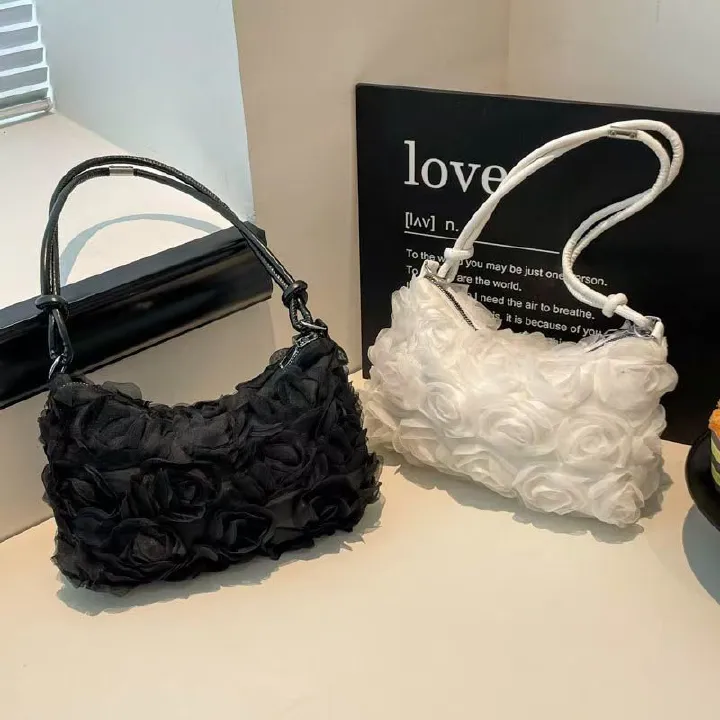 Lady tote bag made of fabric, stylish and elegant, long style, small rose-shaped pocket handbag, crossbody bag, new style women's bag, high appearance level