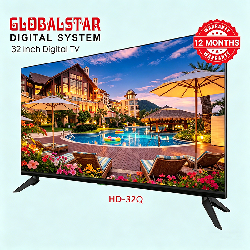 Globalstar 32" Frameless HD LED Digital TV – Virtual Surround Sound, AC/DC, Energy Saving, Non-Smart – Ideal for Home & Outdoor Use