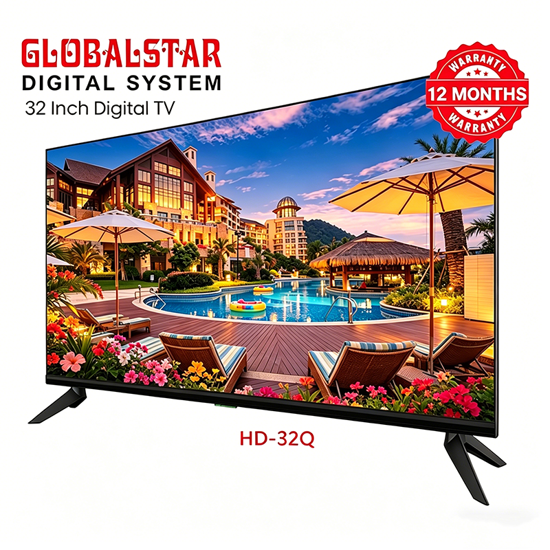 Globalstar 32" Frameless HD LED Digital TV – Virtual Surround Sound, AC/DC, Energy Saving, Non-Smart – Ideal for Home & Outdoor Use