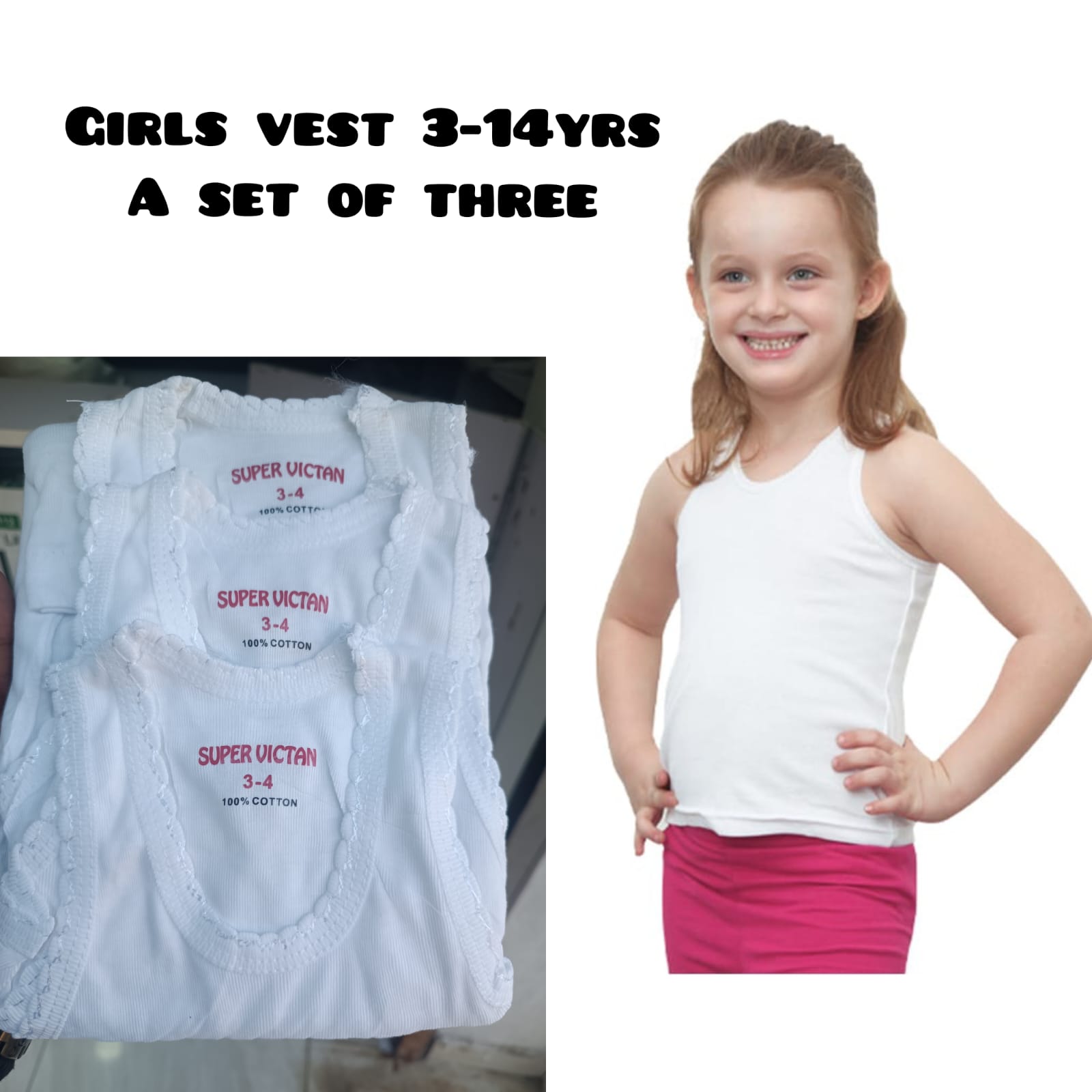 Girls Cotton Vests – 3-Piece Set, Comfortable & Soft, Sizes 3–14 Years