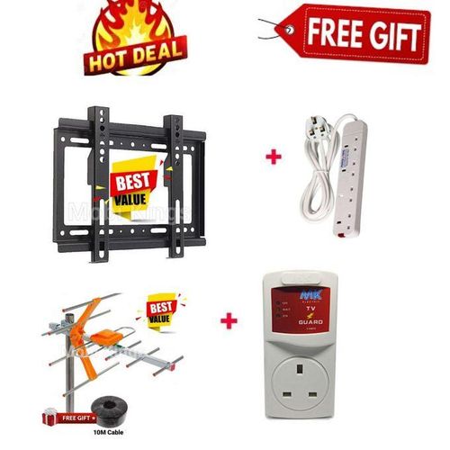 Value Pack Complete TV Setup Kit - 14-43" TV Wall Mount Bracket + TV Safety Guard +  Digital Aerial + PowerKing Extension - Convenient, Secure Mounting & Enhanced Viewing