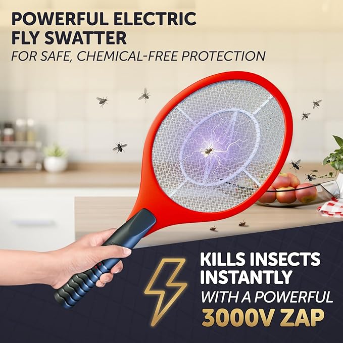 Electric Mosquito & Fly Racket/Swatter - Rechargeable Insect Swatter with LED Light, Portable Bug Zapper for Indoor & Outdoor Use, Safe & Effective Insect Killer